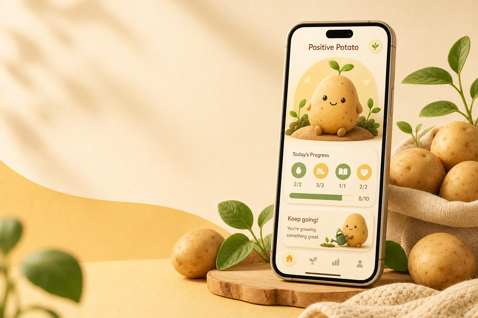Positive Potato 앱과 감자 캐릭터가 함께 놓인 따뜻한 제품 이미지